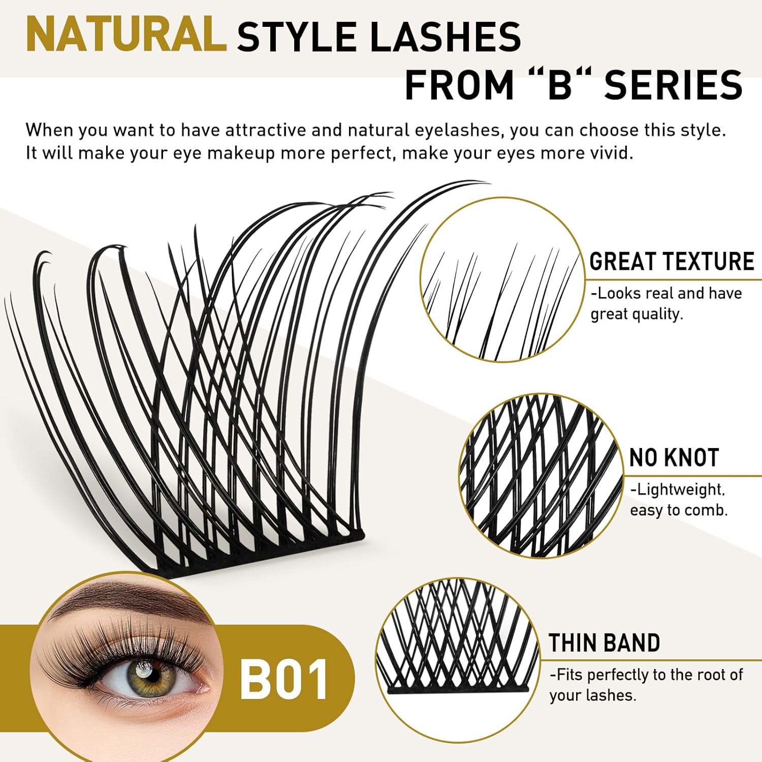 Extensiones de pestañas rizadas en racimo B01 D, de 0.47 a 0.70 pulgadas, 72 racimos naturales de pestañas individuales B&Q LASH, extensiones de