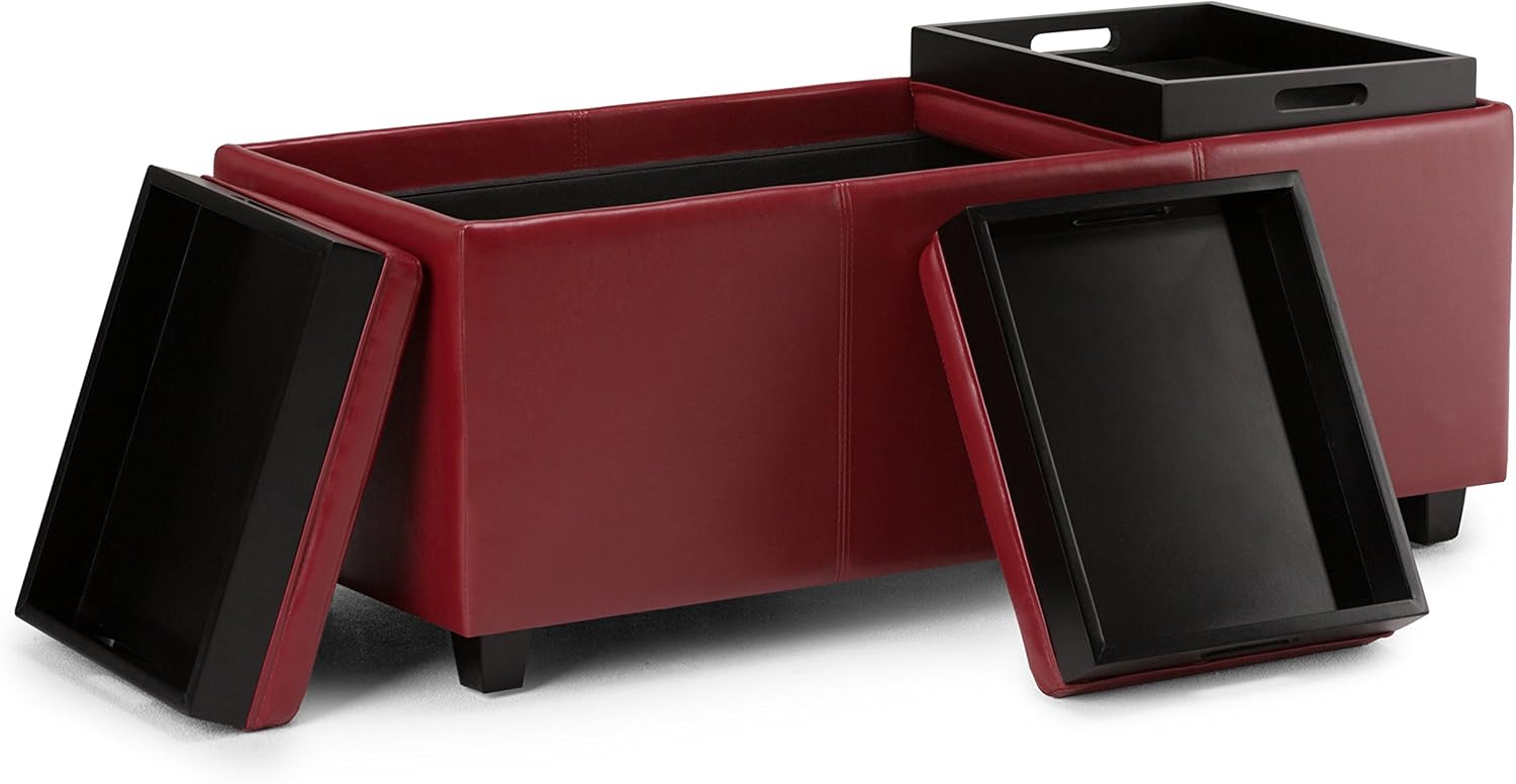 Otomana rectangular de Simpli Home de piel sintética para almacenamiento con 3 bandejas, Avalon, Madera
