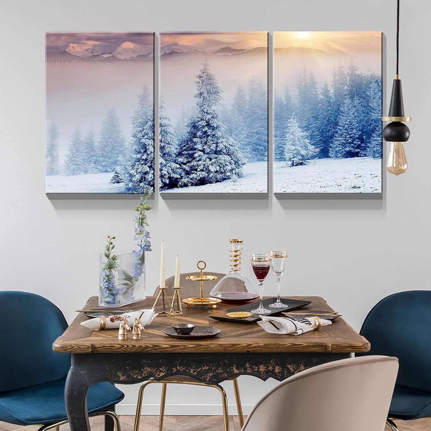 Denozer – Arte de pared en lienzo de 3 paneles para decoración de pared de sala de estar – Paisaje de invierno cubierto de nieve montañas árboles en