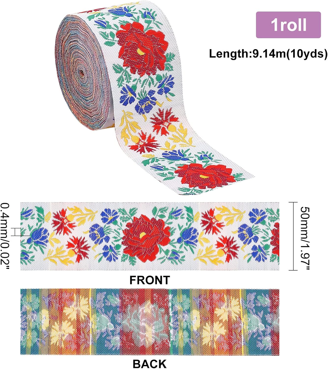 PH PandaHall Cinta de jacquard de 2 pulgadas, 10 yardas de tela vintage con ribete floral con flecos, cinta mexicana bordada para ropa bohemia,