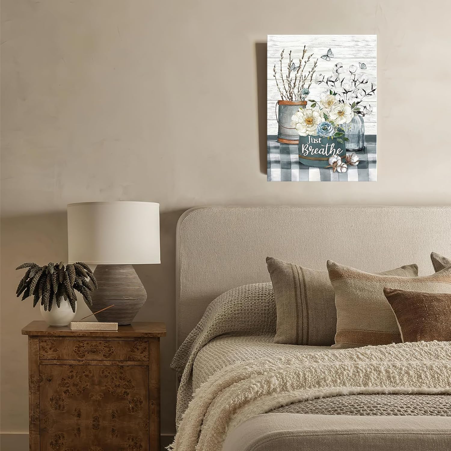 Luslya Arte de pared rústico de algodón blanco con diseño de flores de algodón con texto en inglés “Just Breathe”, pintura de baño, pósteres