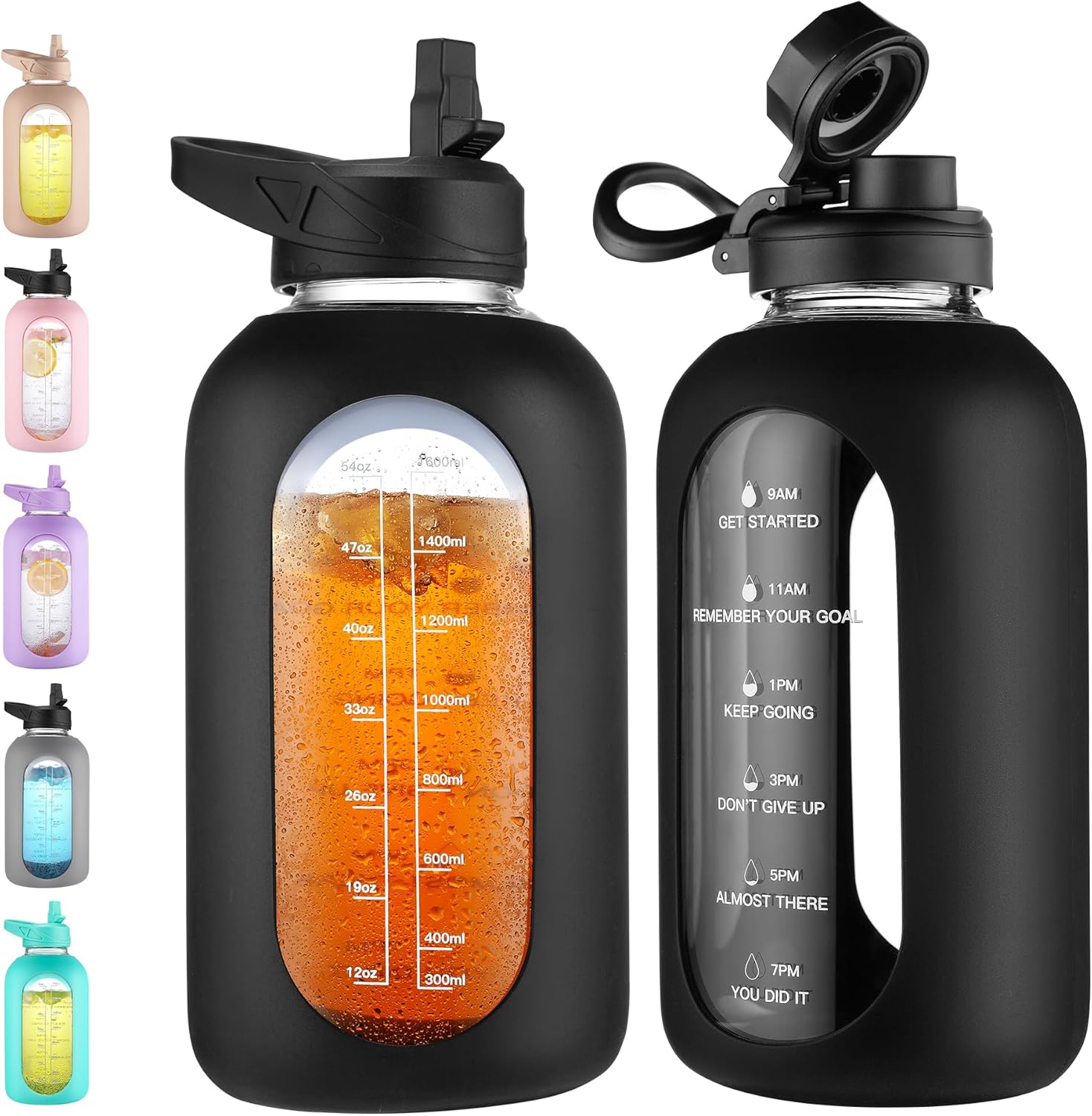 CIVAGO Botella de agua de vidrio de 64 onzas con popote y asa, botella de agua motivacional deportiva de medio galón con marcador de tiempo, botella
