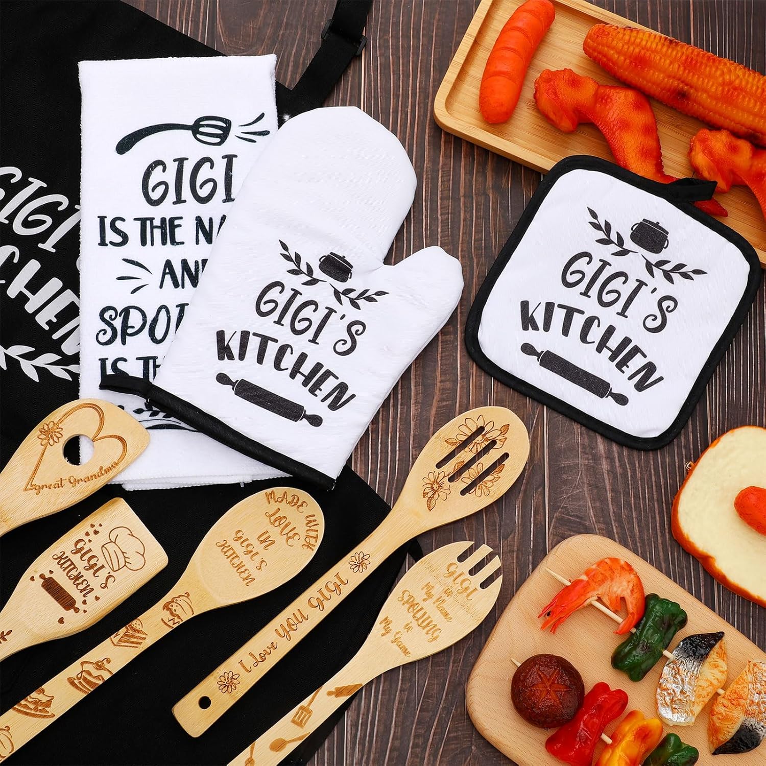 Juego de 10 piezas de regalo de cocina Mimi que incluye delantal de cocina de algodón, manoplas de horno, soporte para ollas de bambú, espátula de