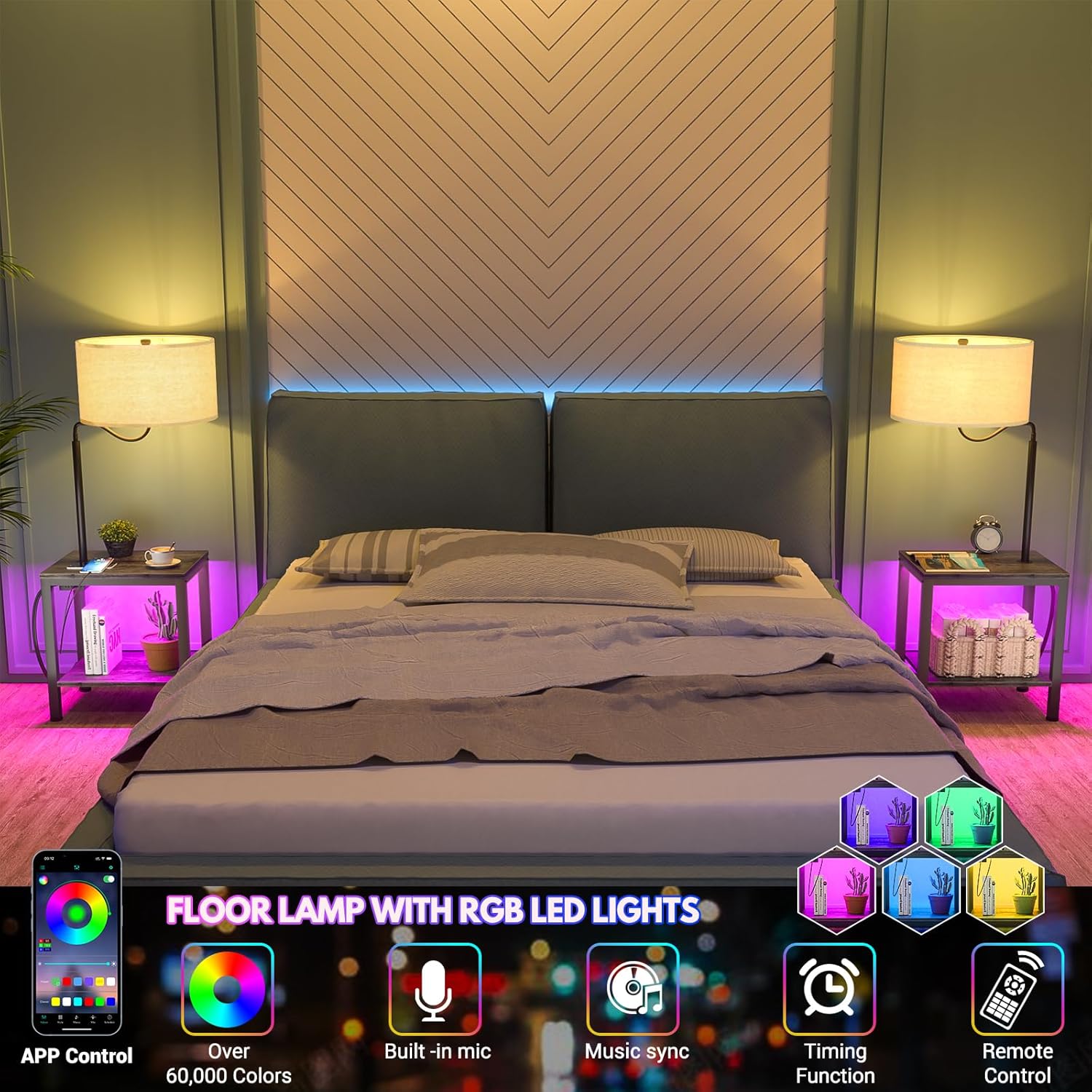 Lámpara de pie LED con mesa, mesa auxiliar con luz LED y toma de corriente, mesita de noche con lámpara, mesa auxiliar con lámpara adjunta para sala