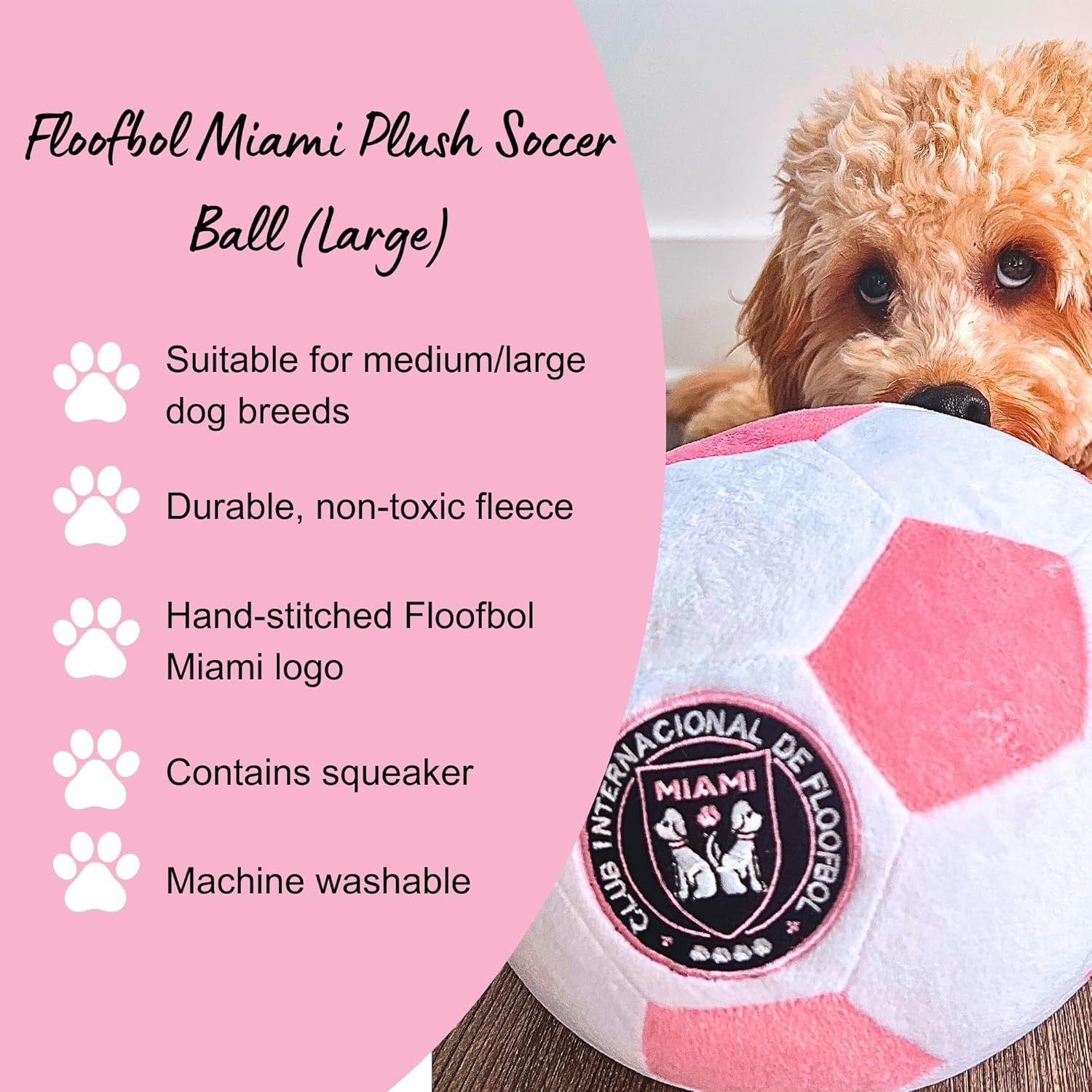 Floofbol Miami – Pelota de fútbol de felpa para perros, juguete de felpa para razas pequeñas, medianas y grandes, juguete de felpa chirriante para