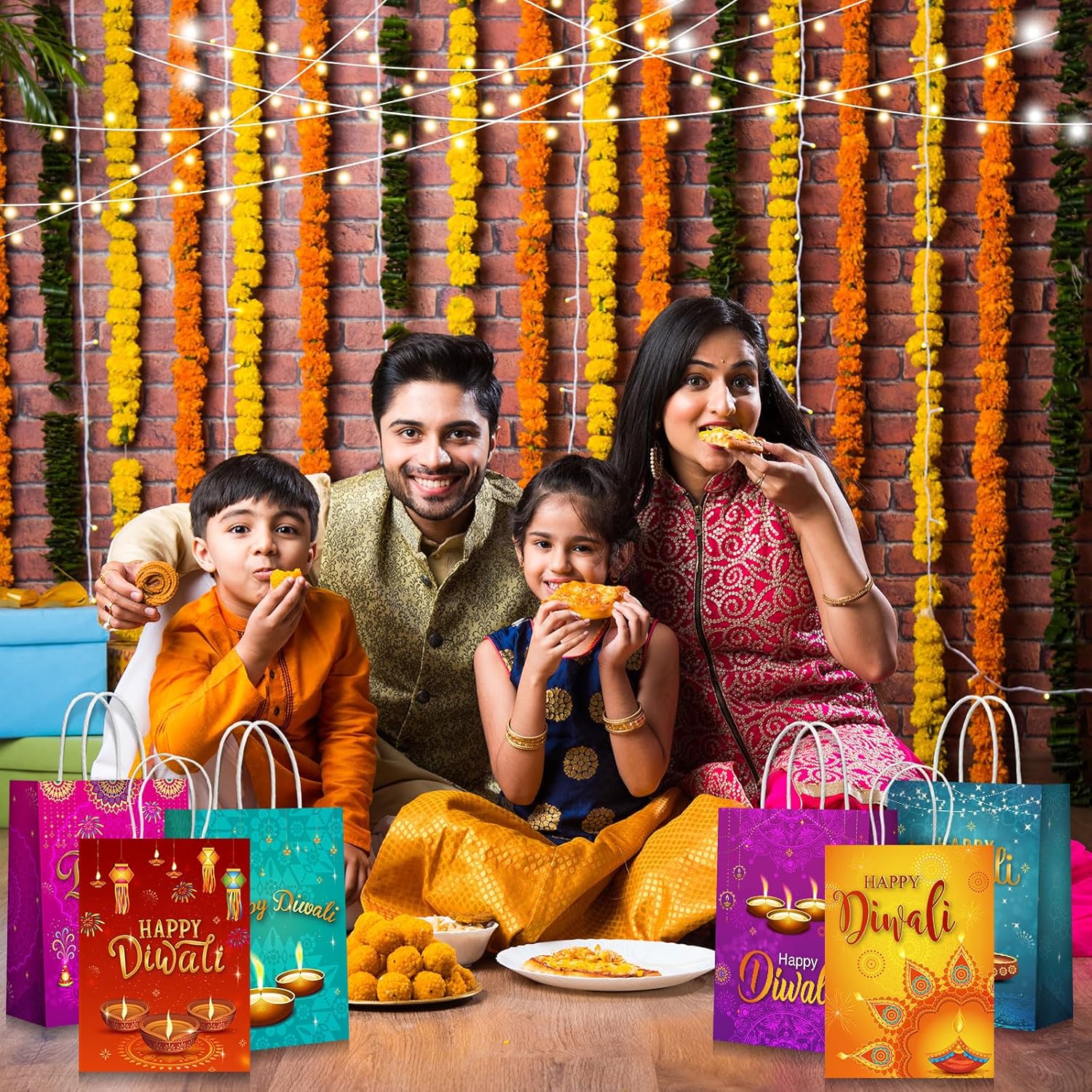 Cholemy 18 bolsas de papel Diwali Happy Diwali con asas, bolsas de regalo de fiesta Diwali, bolsas de regalo de papel de seda, bolsas de dulces