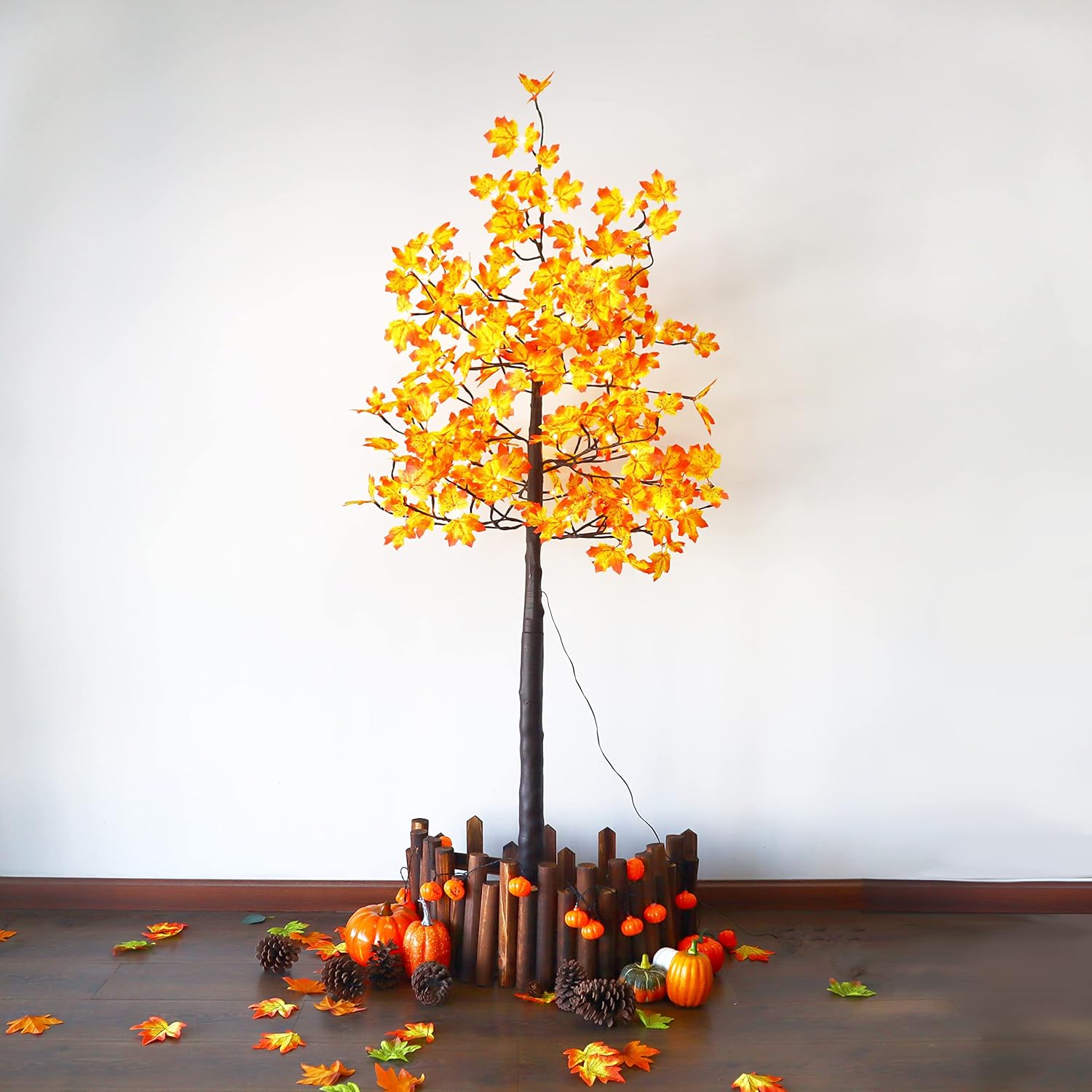 Árbol de arce artificial solar de 6 pies con 120 luces LED blancas cálidas preiluminadas, decoración de árbol de otoño con modos de iluminación