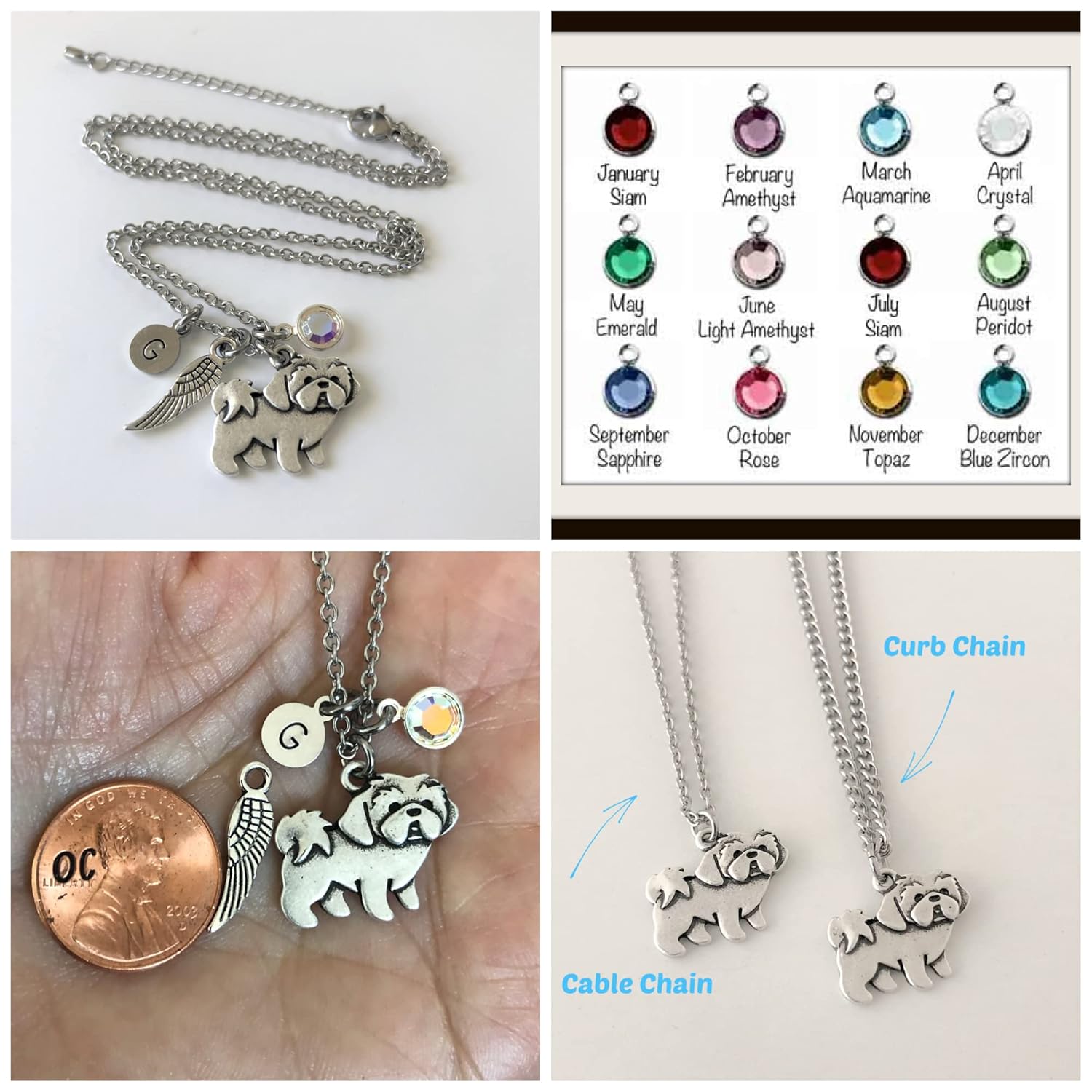 Personalized Shih Tzu Necklace with Optional Initial and Birthstone – Lhasa Apso Dog Memorial Gift