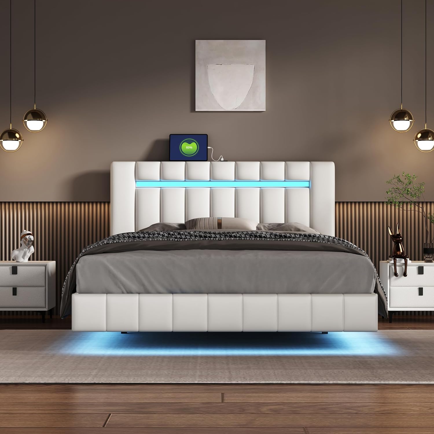 Linique Marco de cama flotante tamaño Queen con luces LED y carga USB, moderno marco de cama LED tapizado de poliuretano tamaño Queen, color blanco