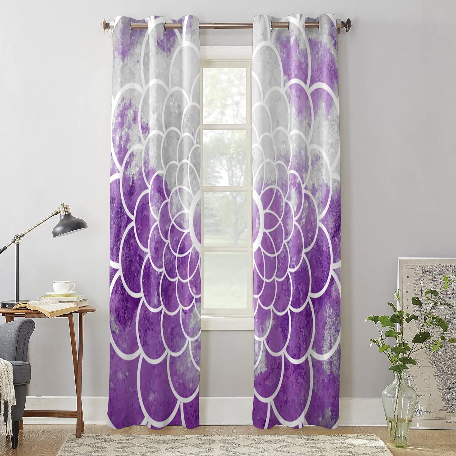 Libaoge Curtains Panels for Kitchen Purple Grey Modern Abstract Art Geometric Floral Window Curtains Light Filtering Grommet Top Drapes for Bedroom