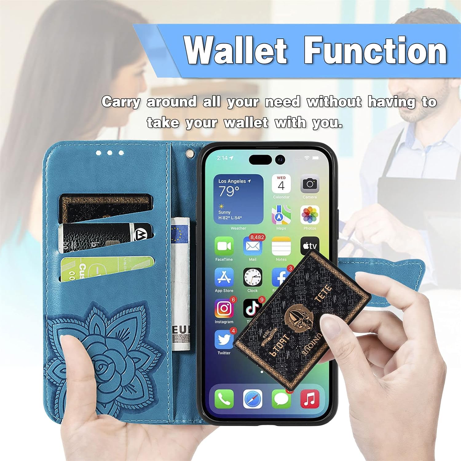 Funda tipo cartera para iPhone 15, funda protectora de piel sintética con tapa para teléfono, correa para la muñeca, tarjetero de crédito, bolsillo