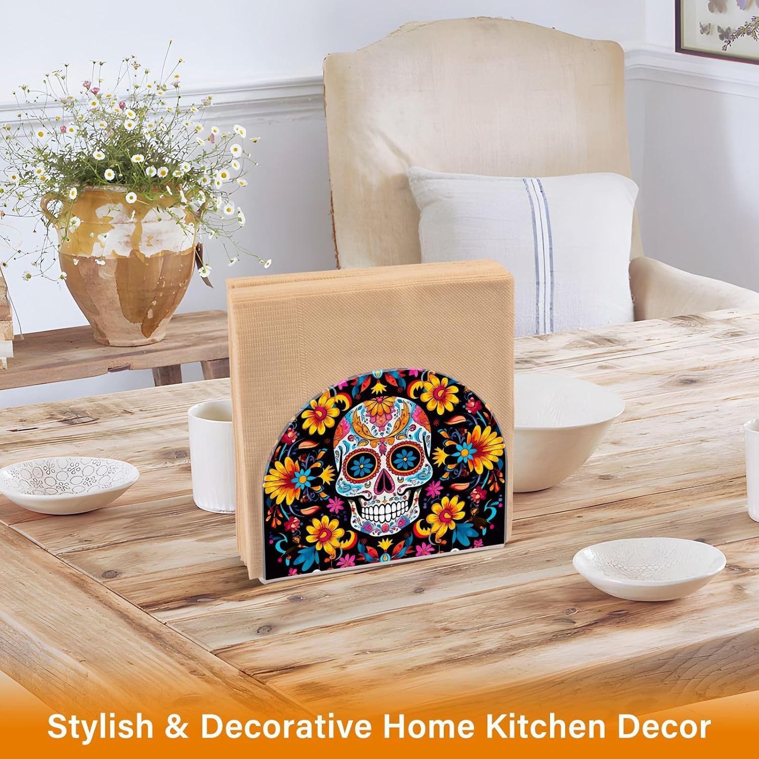 Servilletero de calavera de azúcar para mesa de Halloween, día muerto, dispensadores de servilletas de papel acrílico, servilleteros de cóctel para