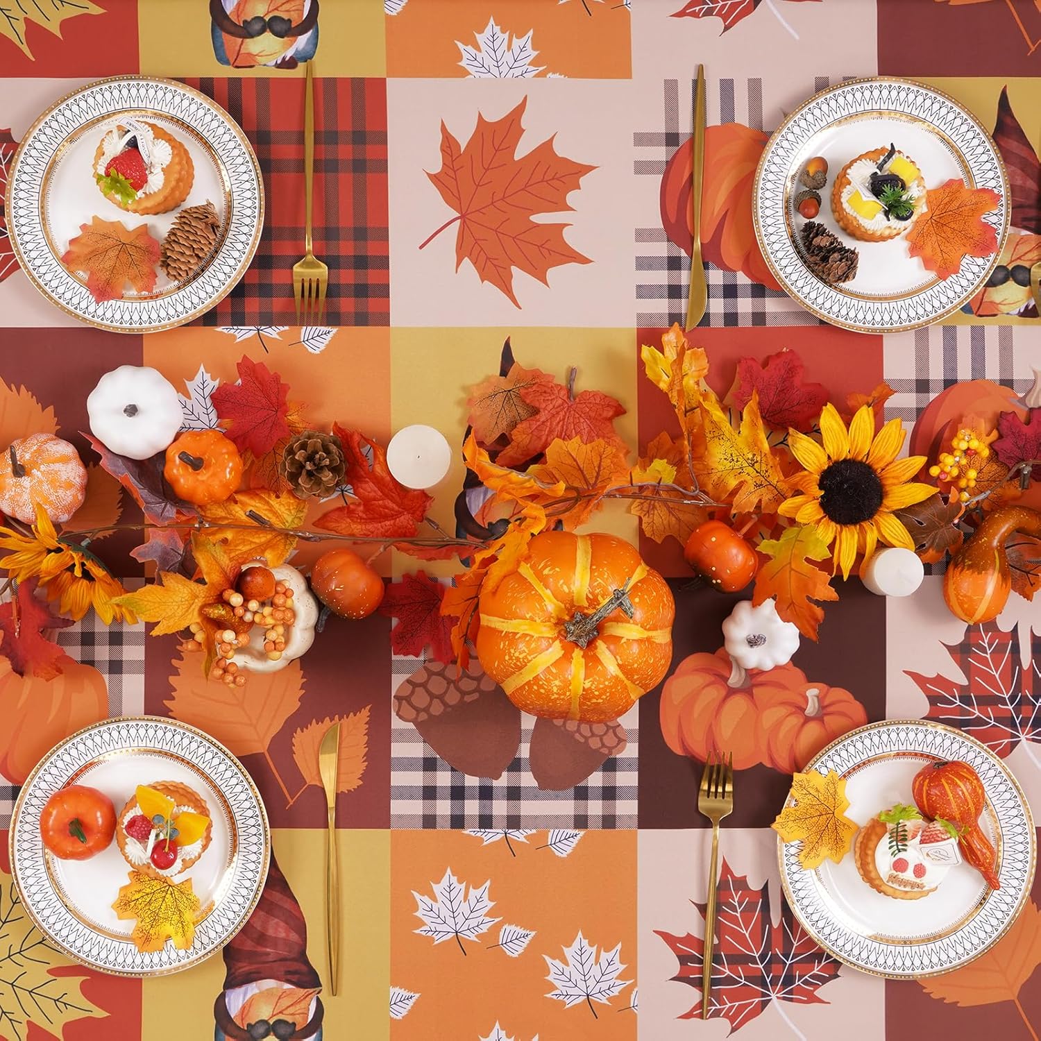 Alishomtll Decoración de otoño, mantel de otoño, mantel rectangular a cuadros de otoño, calabaza de otoño, hoja de arce, decoración de mesa festiva
