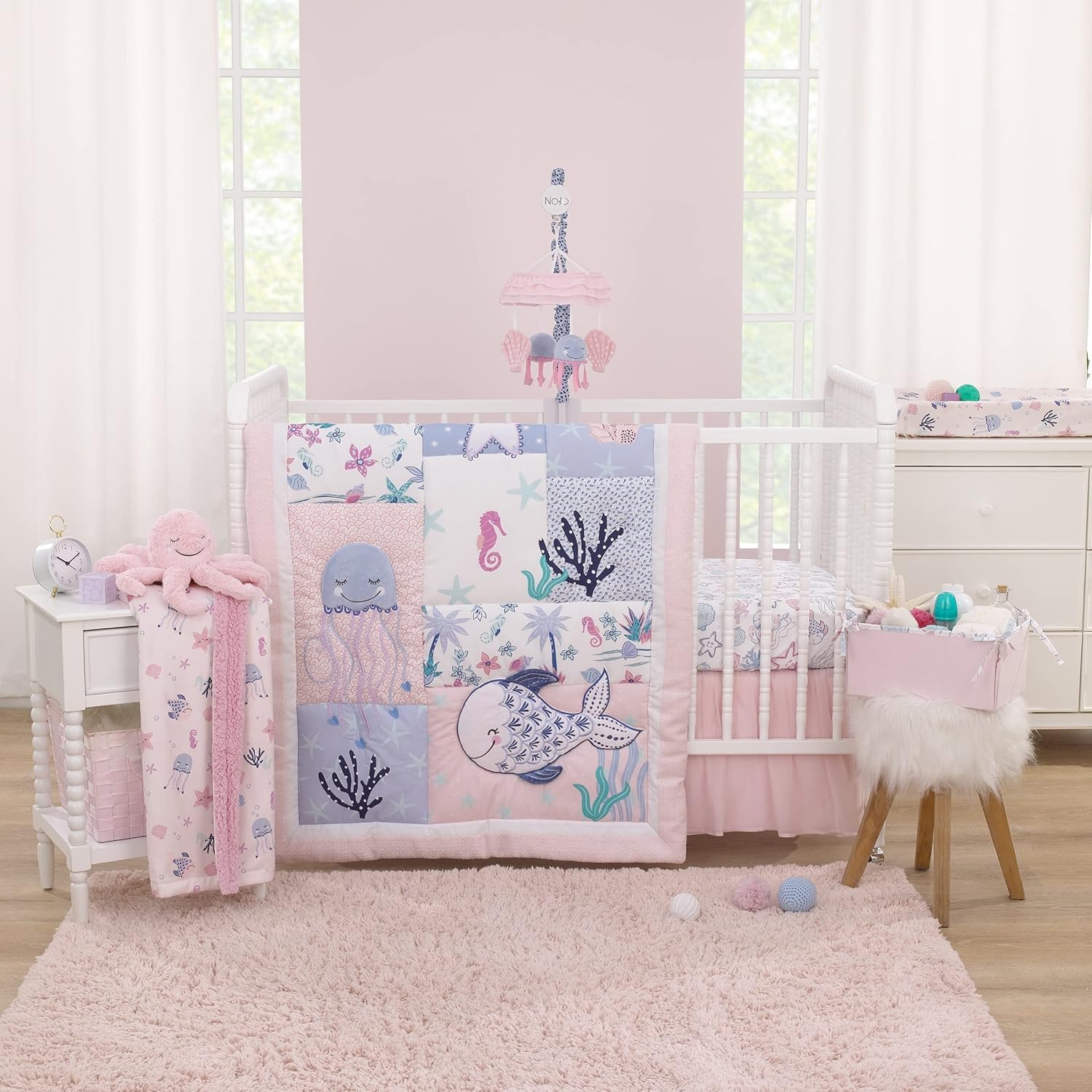 NoJo Mermaid Lagoon – Sábana bajera ajustable para cuna, color rosa, azul y blanco, 100% algodón con foto