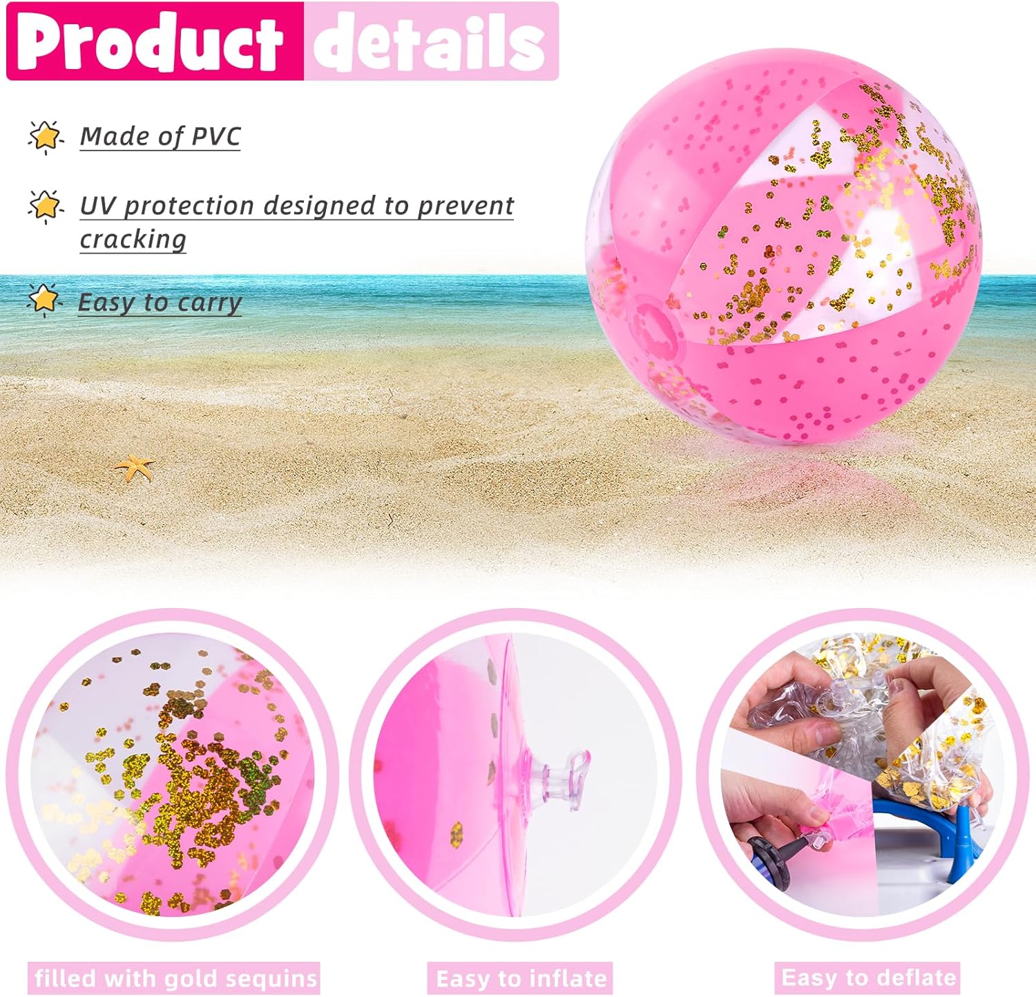 AMOR PRESENT 2 bolas de playa inflables, bolas de playa con purpurina de 16 pulgadas, bolas rosas para niños pequeños, piscina, fiesta, verano