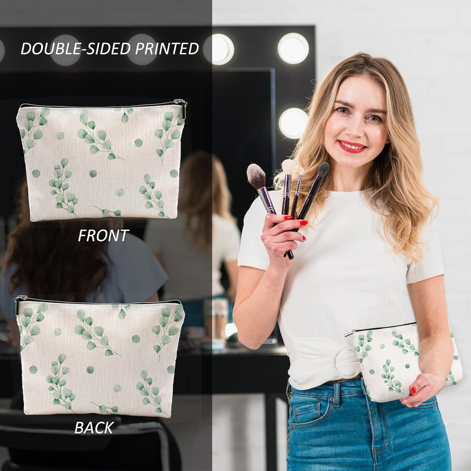Bolsa de maquillaje de hojas verdes, bolsa de cosméticos florales de hojas verdes para mujeres, regalos para amantes de las plantas, regalos para
