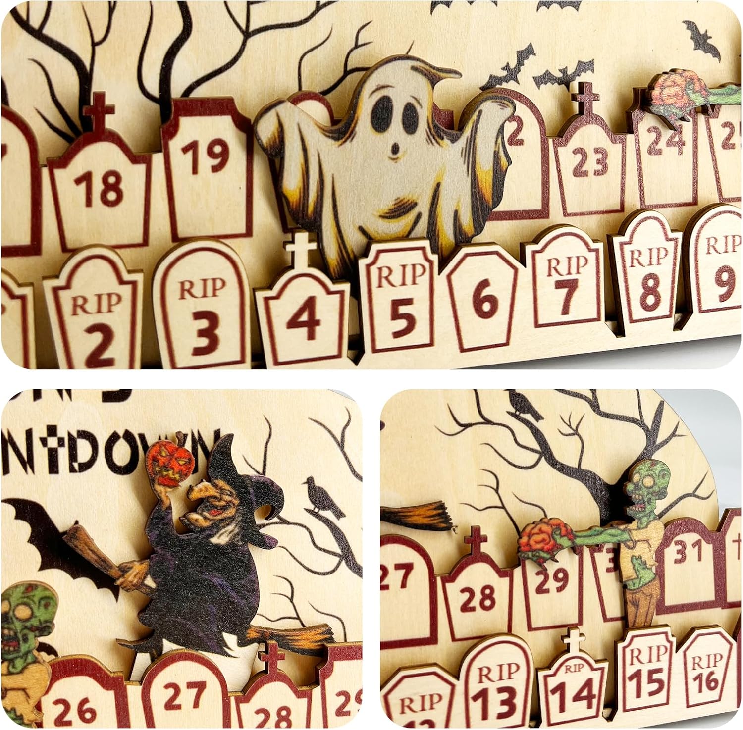 AOCEAN Calendario de Adviento de Halloween 2023 con bloques móviles de madera, calendario de cuenta regresiva para divertidas decoraciones de