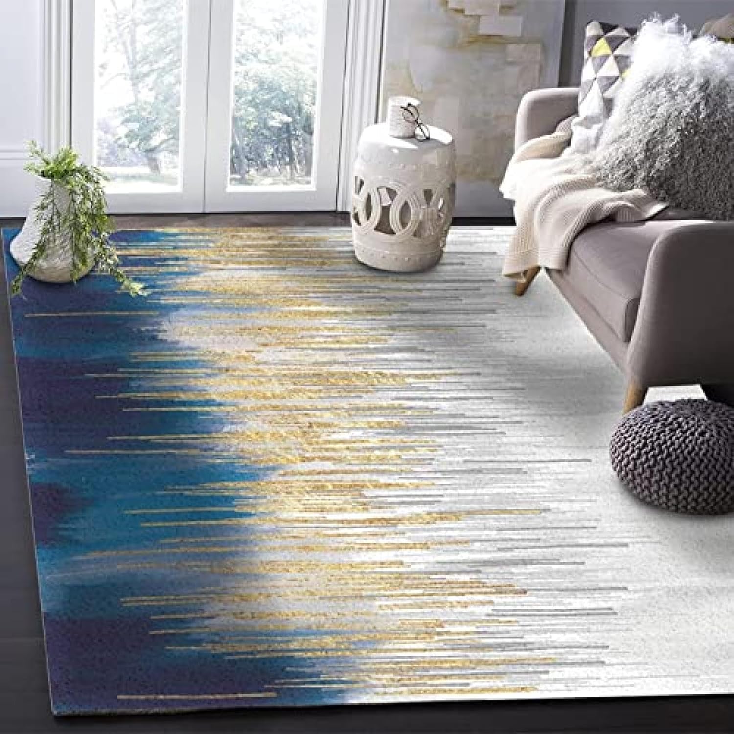 Alfombra abstracta de color gris degradado azul marino, textura de lámina dorada, alfombra de pelo bajo, suave, esponjosa, fácil de limpiar,