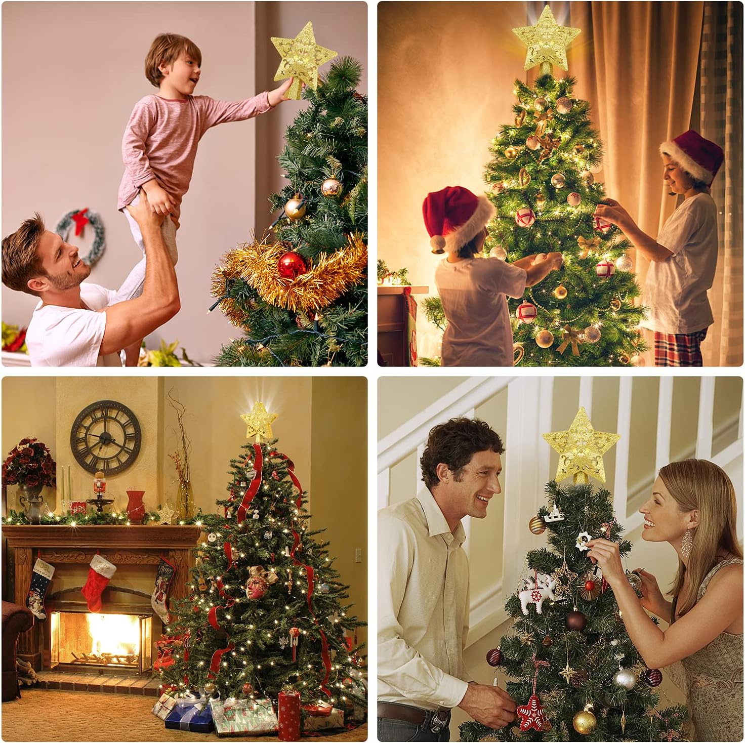 Decoración para árbol de Navidad, estrella iluminada con luz LED giratoria de estrella, estrella dorada con purpurina 3D, luces de proyector de