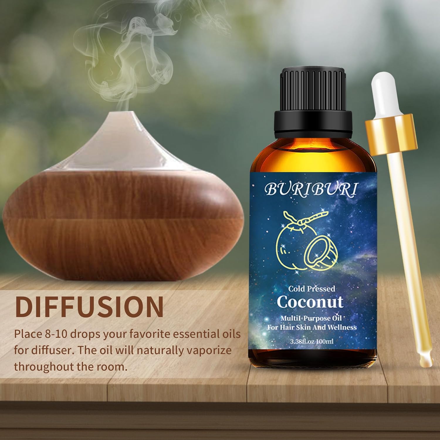 BURIBURI Aceite esencial de coco de 3.4 fl oz, aceite perfumado de grado prémium para difusores, masajes, fabricación de jabón