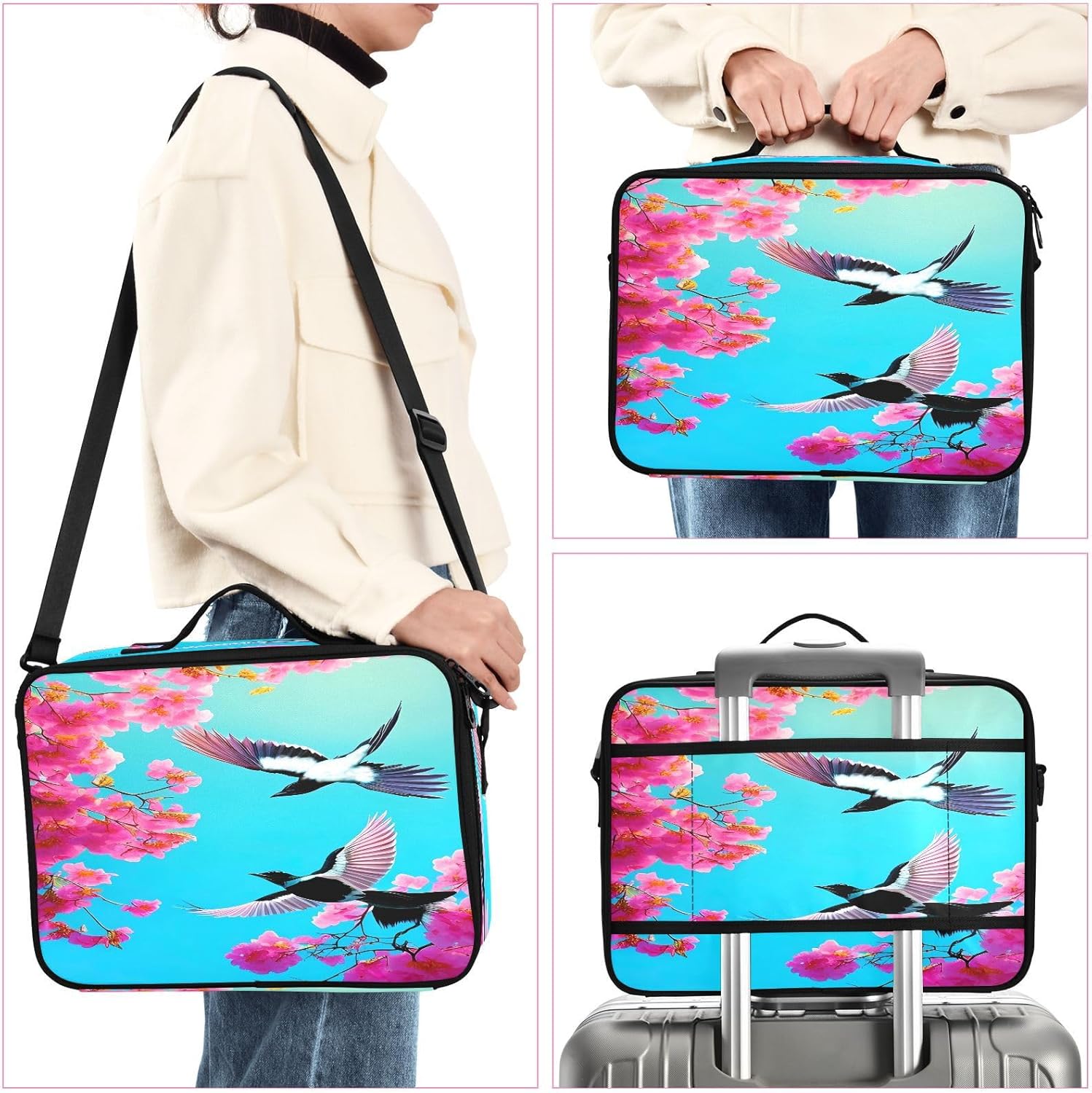 Bolsa de viaje de maquillaje de flores y pájaros rojo azul grande para artículos de aseo personal, bolsa de maquillaje de viaje, bolso para guardar