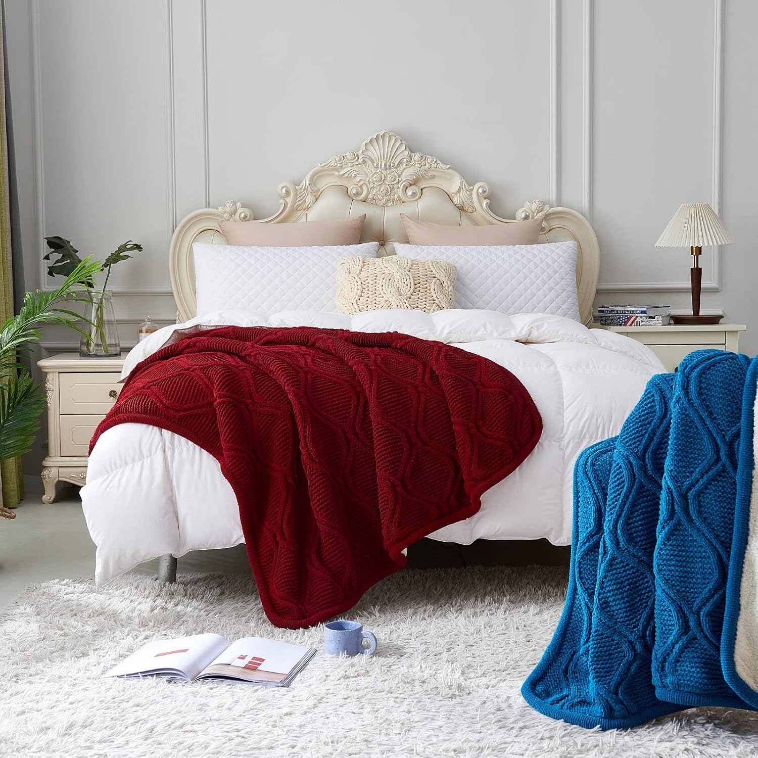 Longhui bedding Manta de punto trenzado de chenilla, gruesa, suave, grande, acogedora manta de vellón tejida para sofá, cama, grande, 51 x 63