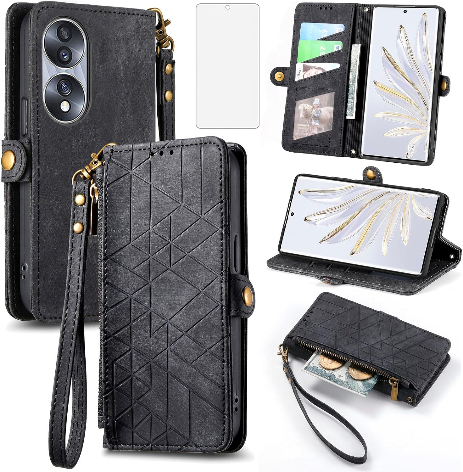 Asuwish Funda de teléfono para Honor 70 5G con protector de pantalla de vidrio templado y correa para la muñeca de cuero con cremallera abatible,
