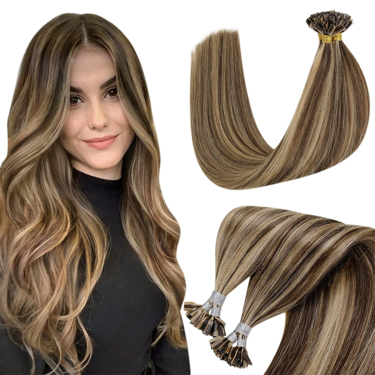 Hetto Extensiones de cabello humano con queratina en U Tip #427, color castaño con reflejos rubio miel, extensiones de cabello humano con punta en
