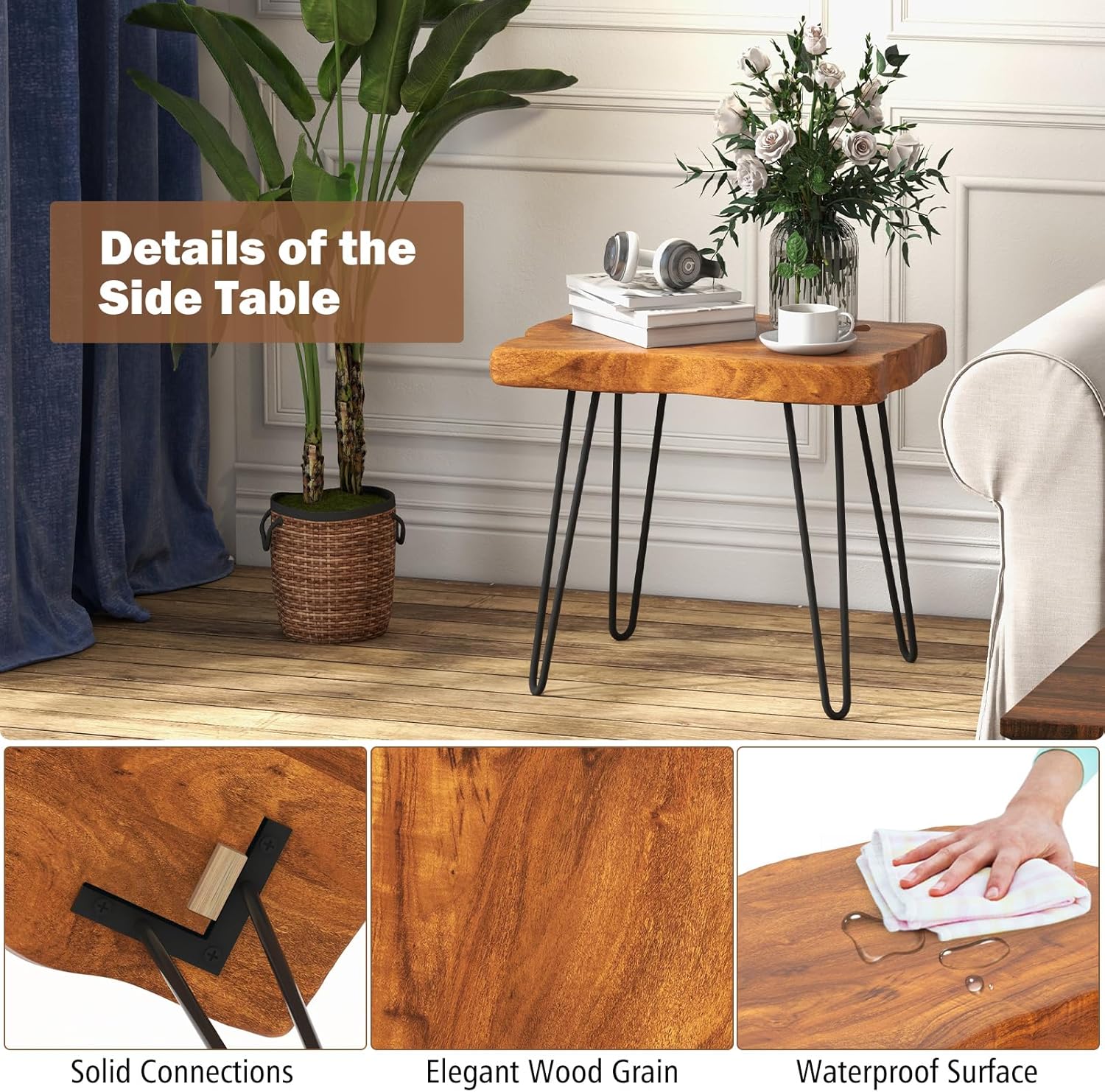 GOFLAME Mesa auxiliar rectangular, mesa auxiliar para interiores y exteriores con parte superior de madera de teca maciza y patas de metal, mesa de