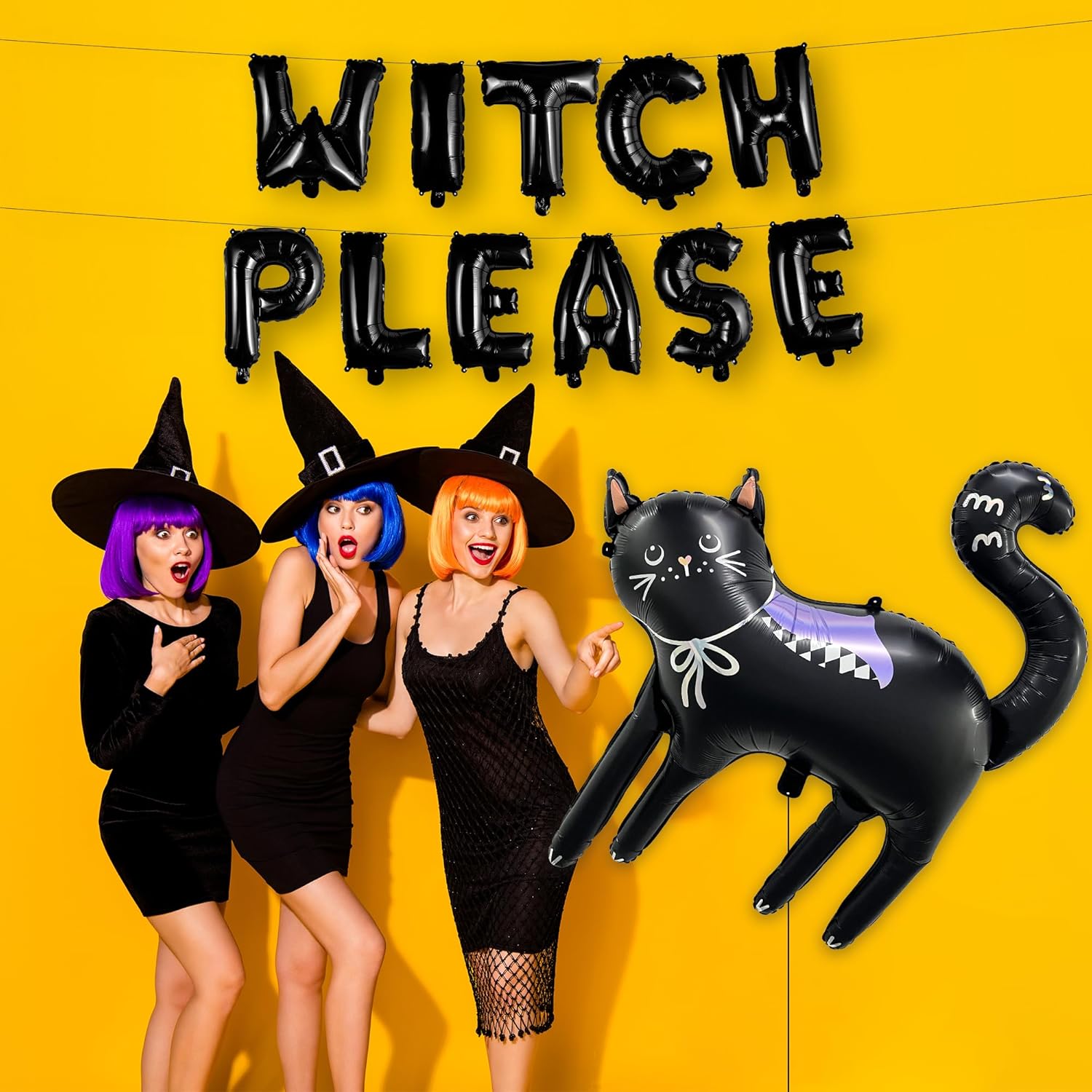 HOUSE OF PARTY Kit de fiesta de globos de Halloween de gato negro extragrande de 29.5 x 32 pulgadas, 2 juegos de globos de letras “Witch Please” +