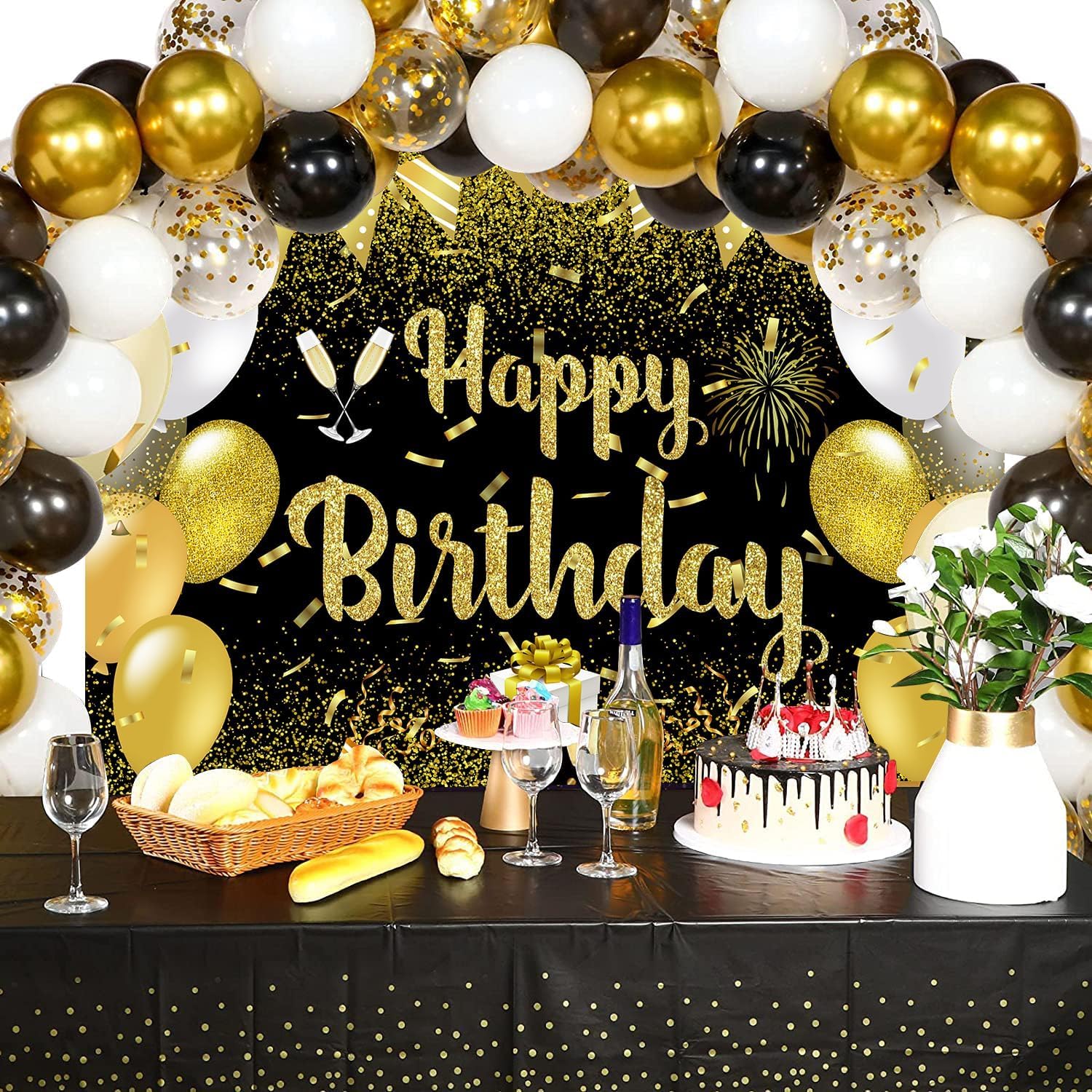 Juego de mantel de fondo de feliz cumpleaños negro y dorado con texto en inglés “Happy Birthday”, decoración de regalo, 7 x 5 pies y mantel de