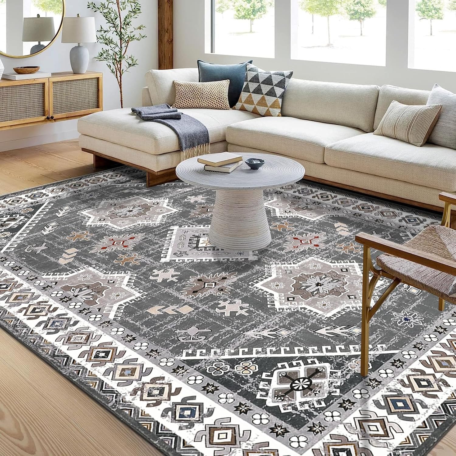 HEBE – Alfombra lavable de 5 x 7 pies, suave, envejecida, antideslizante, para puerta de interior, alfombra de estilo bohemio, alfombra de acento