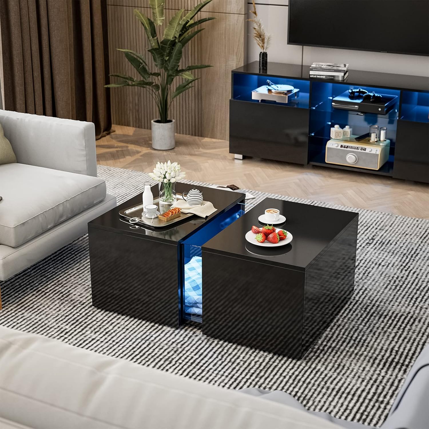 Moderna mesa de centro LED con compartimento oculto retráctil, tamaño pequeño, mesa auxiliar de almacenamiento de sofá de alto brillo para sala de