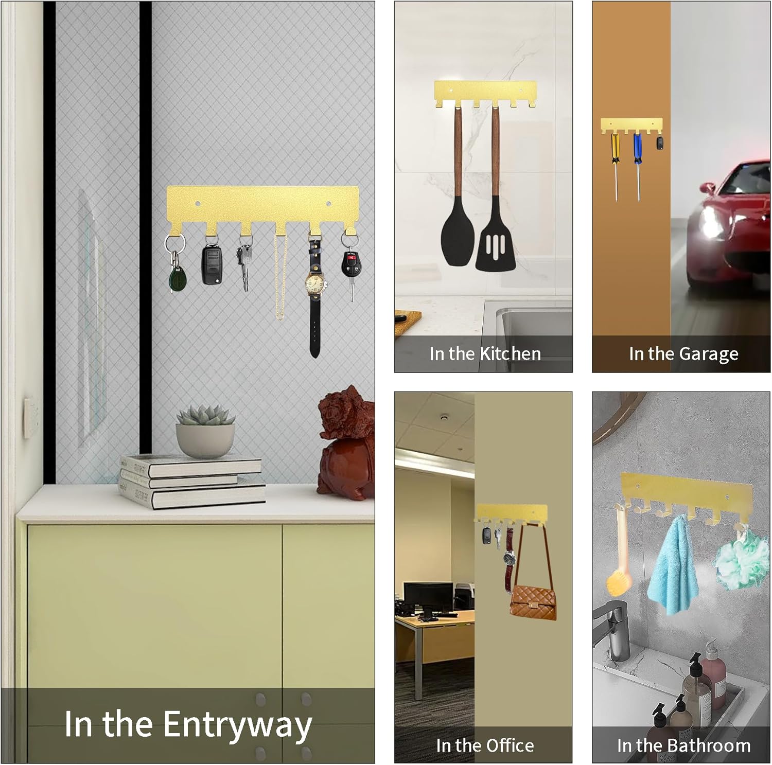 GTK Soporte para llaves de pared, ganchos para llaves con 6 ganchos, soporte para llaves montado en la pared para pasillo, estante autoadhesivo para