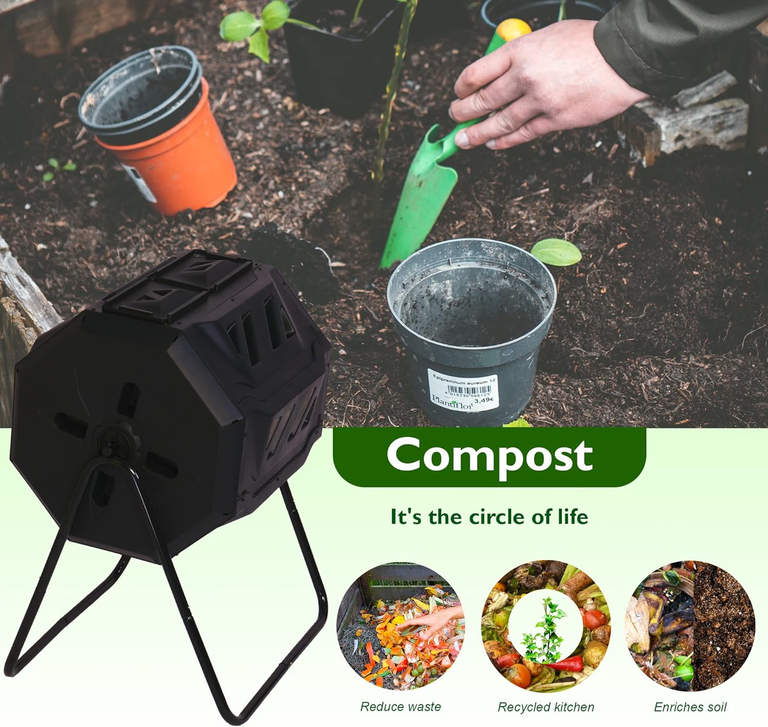 TRY & DO Vaso de composta de doble cámara, contenedor de compostaje giratorio para exteriores, compostador de 42 galones con 2 puertas corredizas,
