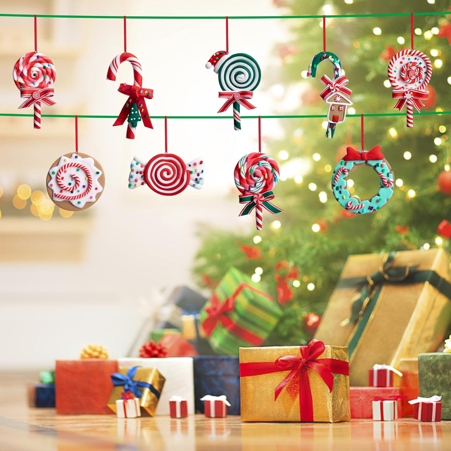 9 adornos de piruleta de Navidad, adornos de arcilla polimérica de caramelos de Navidad, decoración de Navidad, decoración colgante de bastón de
