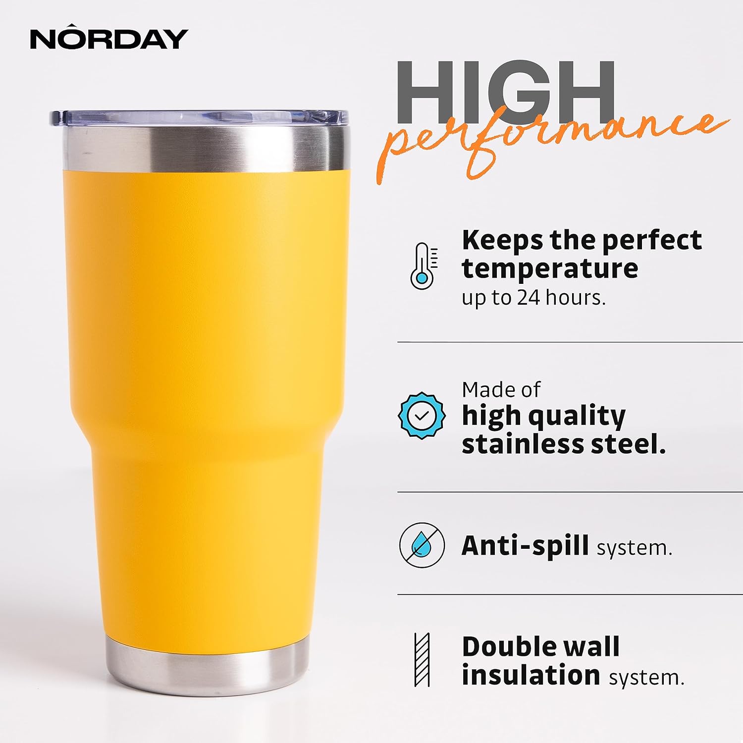NORDAY Vaso con tapa, 30 onzas, amarillo, de acero inoxidable, doble pared aislada al vacío, taza de café de viaje para portavasos de automóvil,