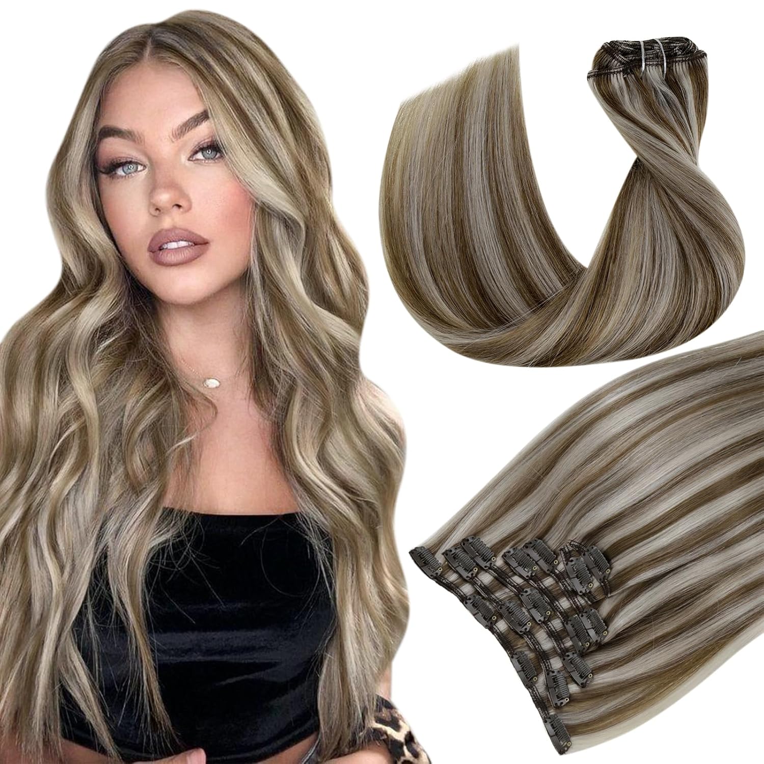 Hetto Extensiones de cabello humano con clip, de 18 pulgadas, sin costuras, color marrón claro, rubio decolorado, extensiones de cabello humano