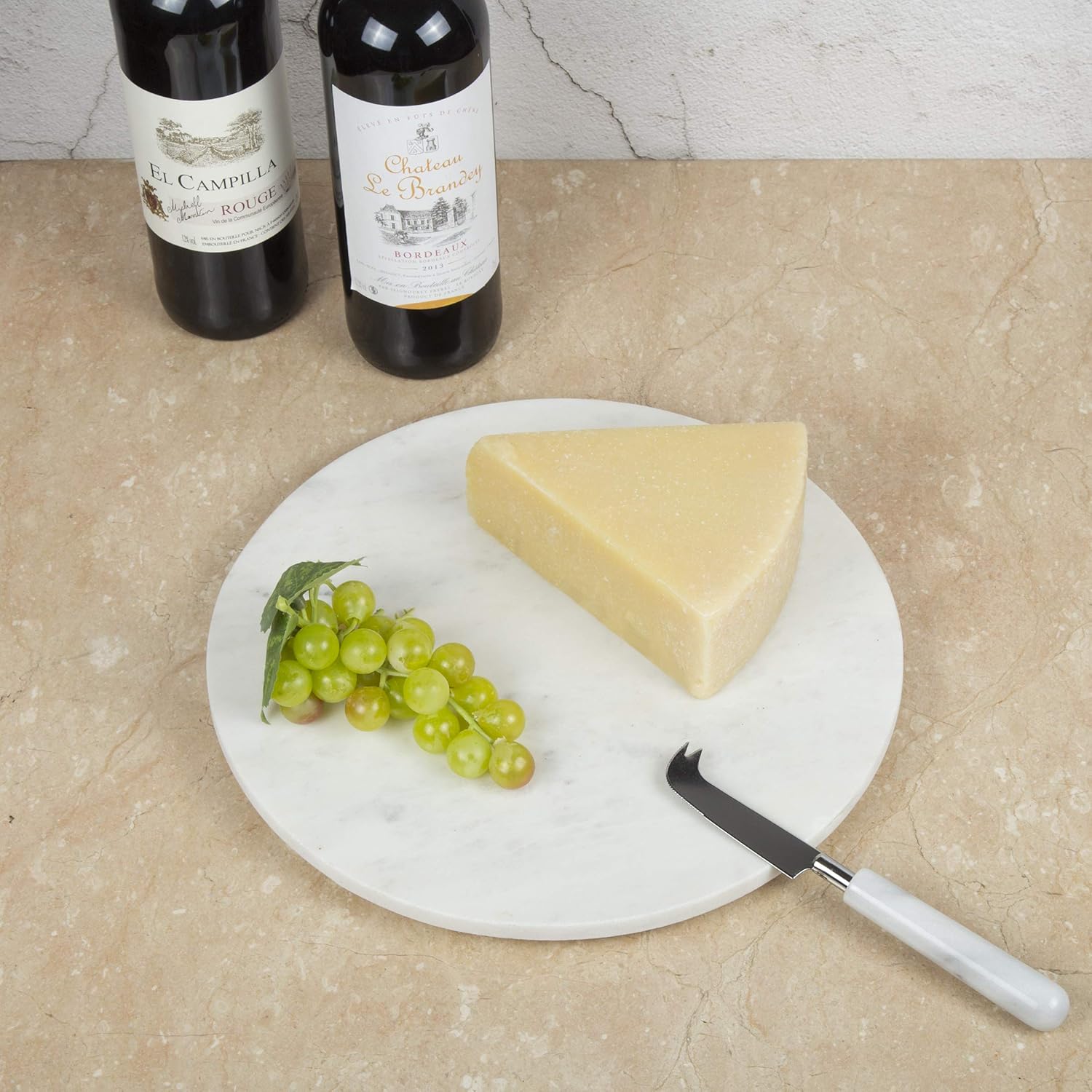 Creative Home Tabla redonda de mármol blanco cremoso natural, tabla de charcutería, queso, postre, pan, plato para servir para cocina, hornear,