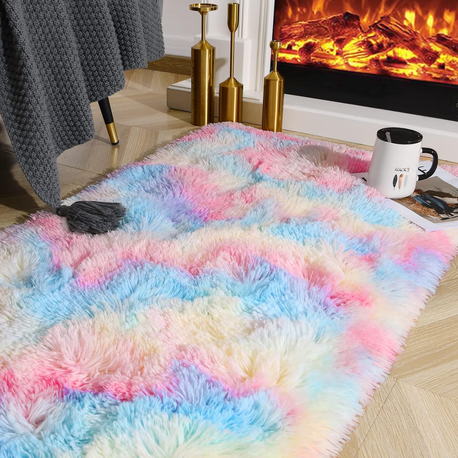 Ompaa Alfombra suave y esponjosa de arco iris para dormitorio de niñas, alfombras Kawaii de teñido anudado para niños, para adolescentes, estética,