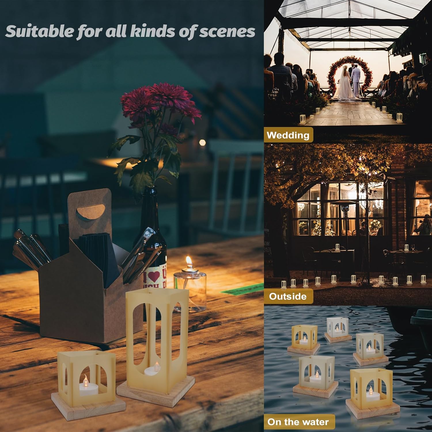 FuHigh Mini linternas con velas LED sin llama, 6 rectángulos + 6 juegos cuadrados de decoración de faroles de velas, centros de mesa de boda para