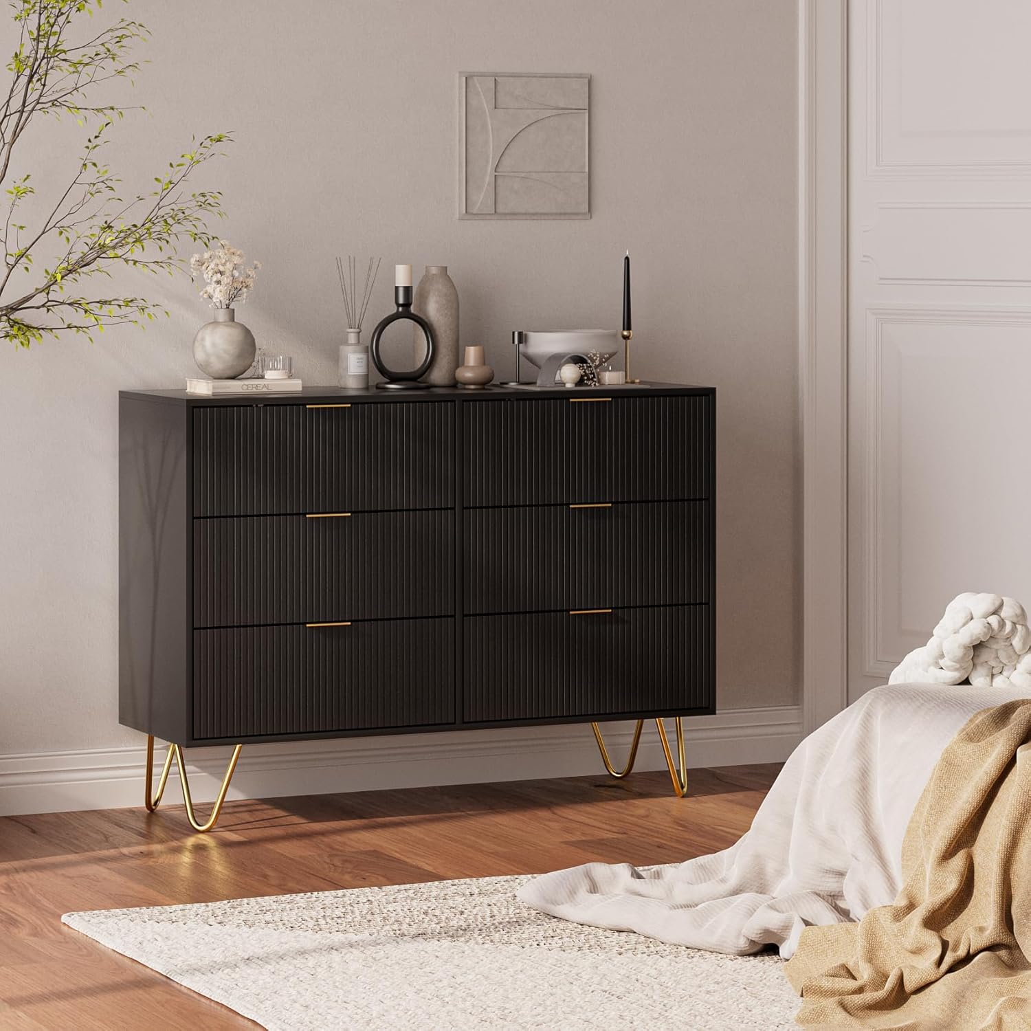Cómoda de 6 cajones, moderna cajonera, cómoda de almacenamiento ancha con patas de metal, cómoda para dormitorio, sala de estar, armario, entrada,