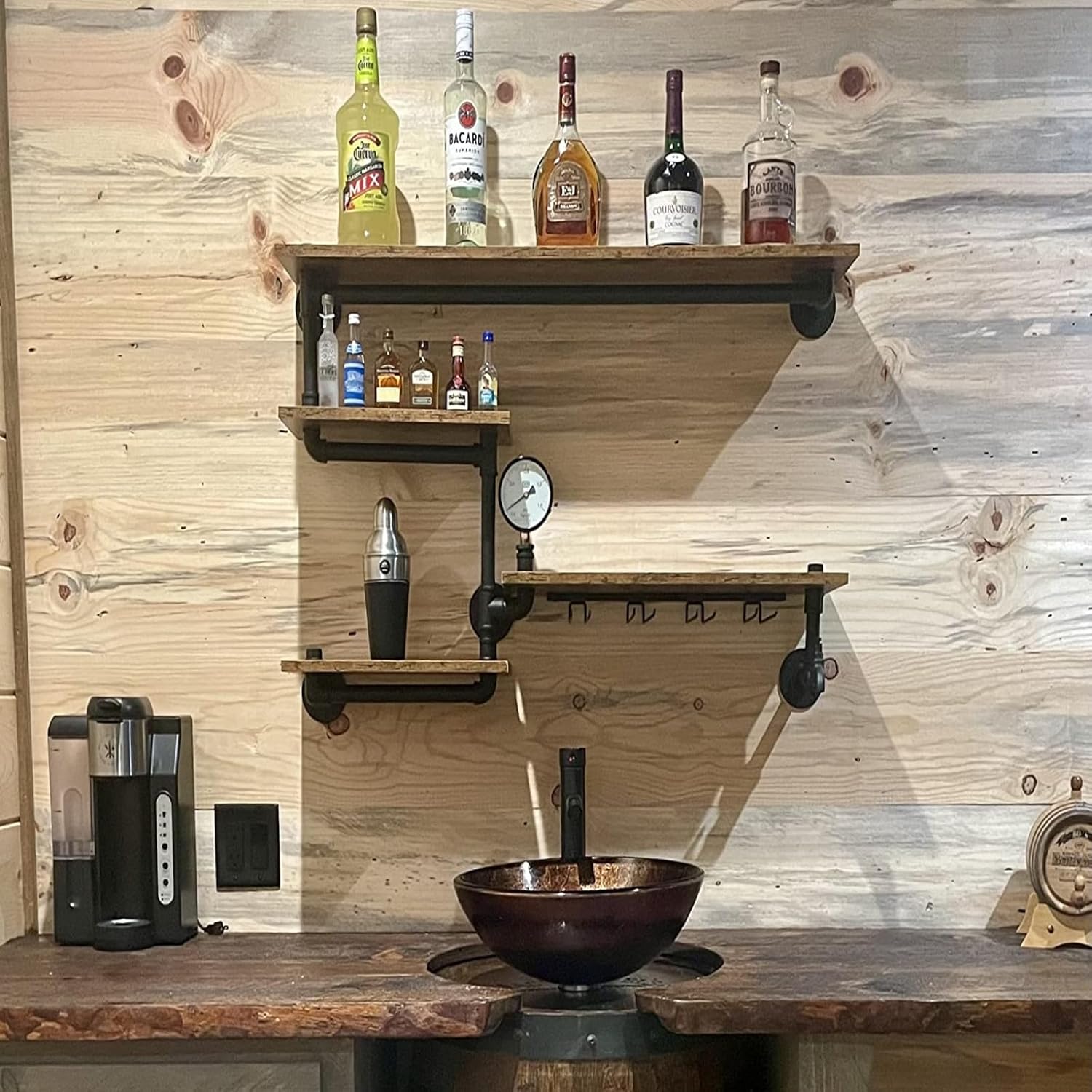 DYRABREST Estante para copas de vino, estante de tubo industrial montado en la pared, soporte para botella de vino, 39.37 pulgadas, estante flotante