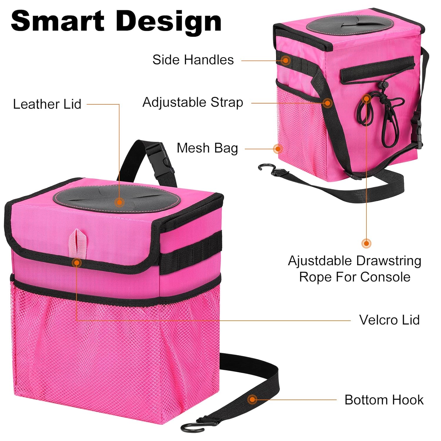 Basurero plegable para automóvil, a prueba de fugas, 2.3 galones, color rosa