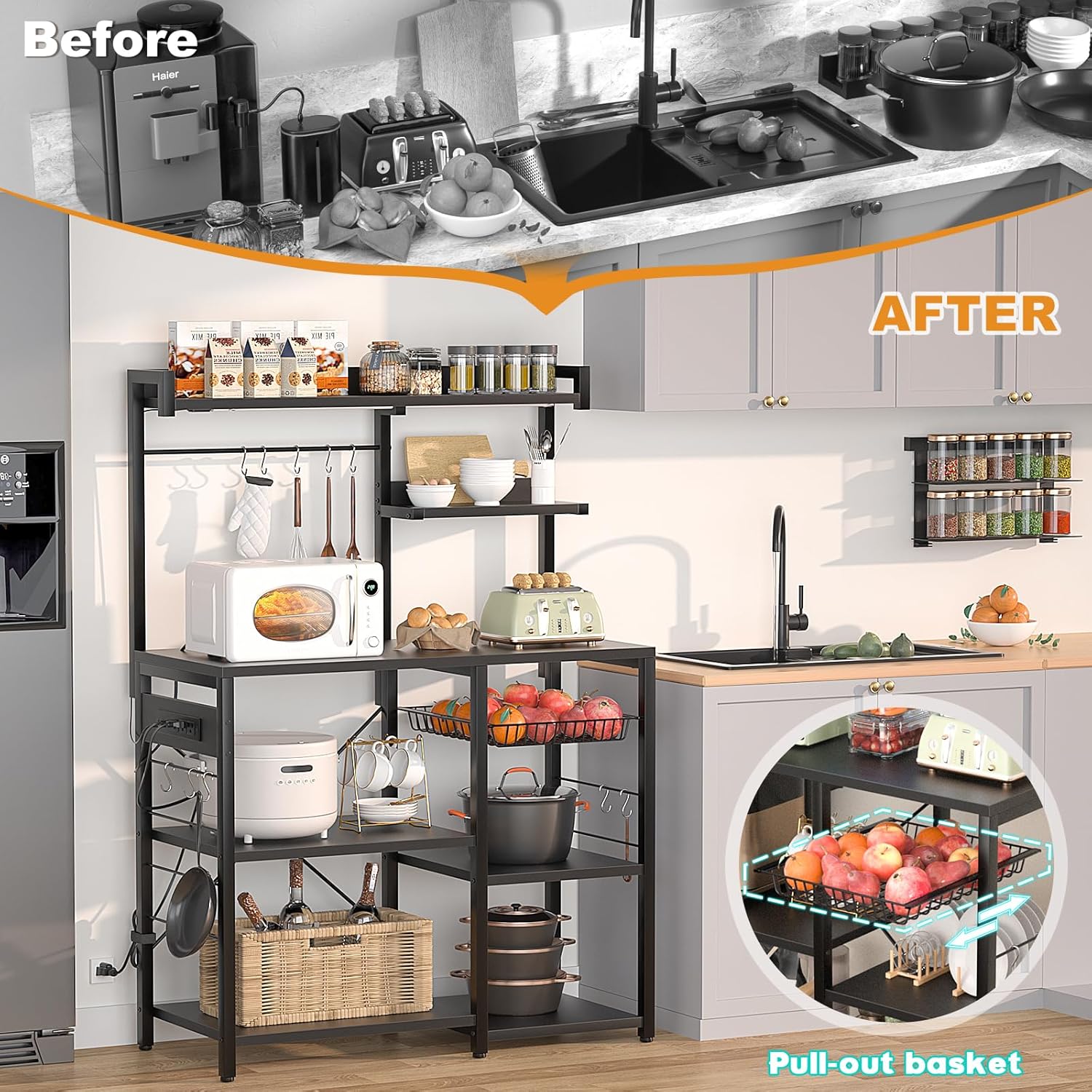 Aheaplus Estante para panaderos con toma de corriente y cuerdas de luz LED, soporte para horno de microondas, estante de almacenamiento de cocina