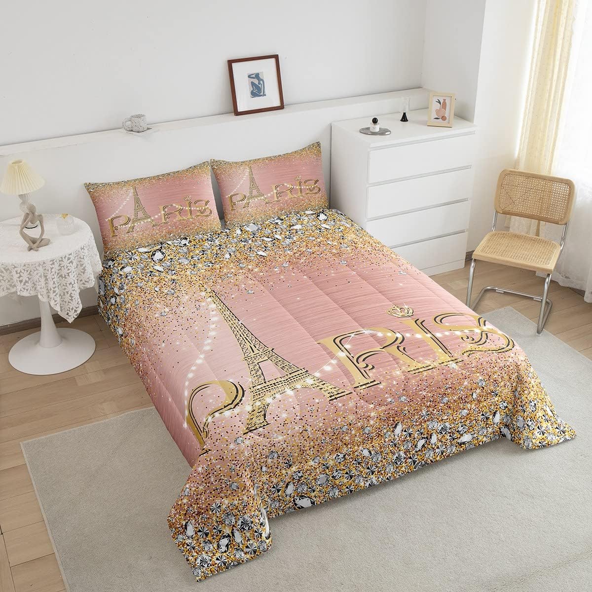 Juego de ropa de cama de tamaño matrimonial de la Torre Eiffel, romántico juego de ropa de cama de la torre de París para adolescentes y adultos,