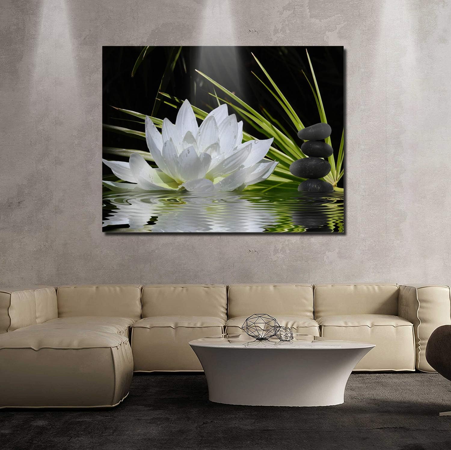 Lienzo decorativo para pared, imagen de loto blanco y piedras zen negras, decoración moderna de pared, envoltura de lienzo de galería, impresión