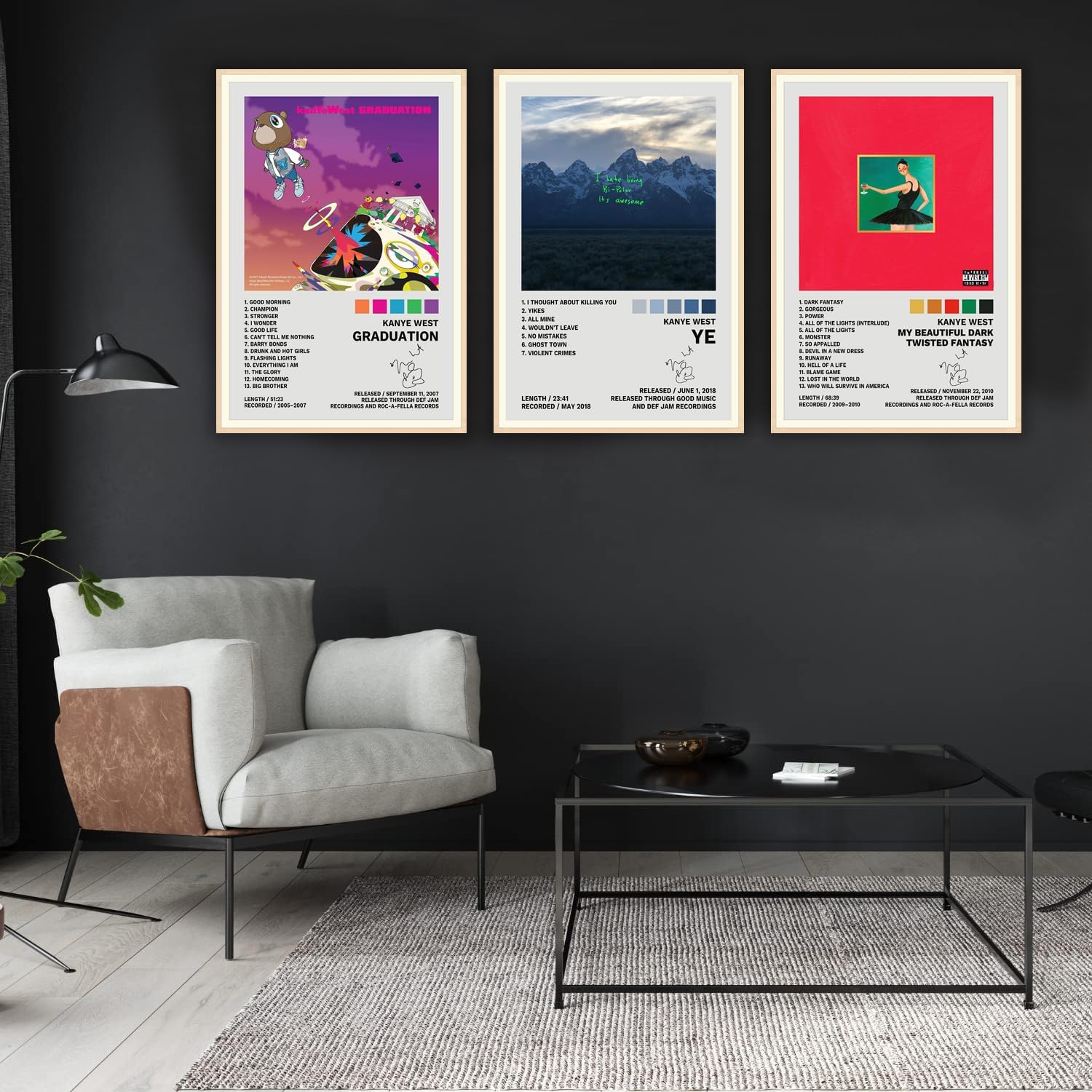 JINOS Póster de Kanye West – Juego de 3 pósteres de lienzo para álbum, pintura decorativa, pósteres de pared e impresiones artísticas modernas para