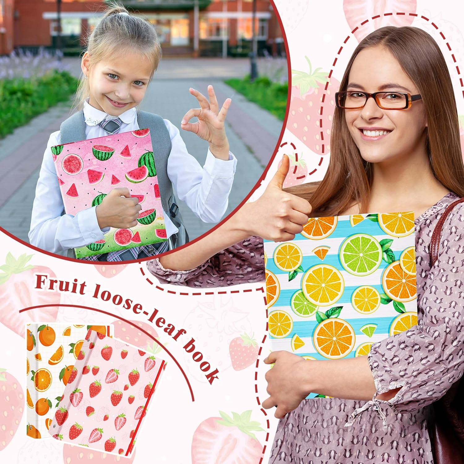 Fainne 4 Pcs Mini Binders 3 Ring Binder 1 Inch 5.5 x 8.5 Inch Cute Fruit Binders Mini Decorative Binders Bulk for School Office Classroom Supplies