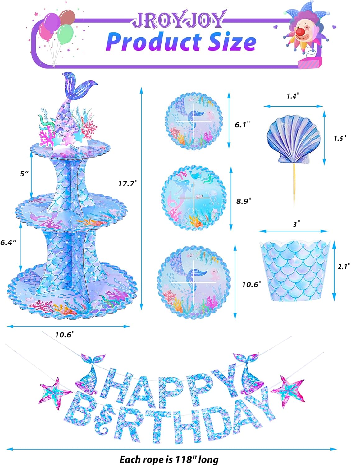 JroyJoy Soporte para cupcakes de sirena, 3 niveles con decoración de tartas y envoltorios de cupcakes y juego de pancartas de feliz cumpleaños,